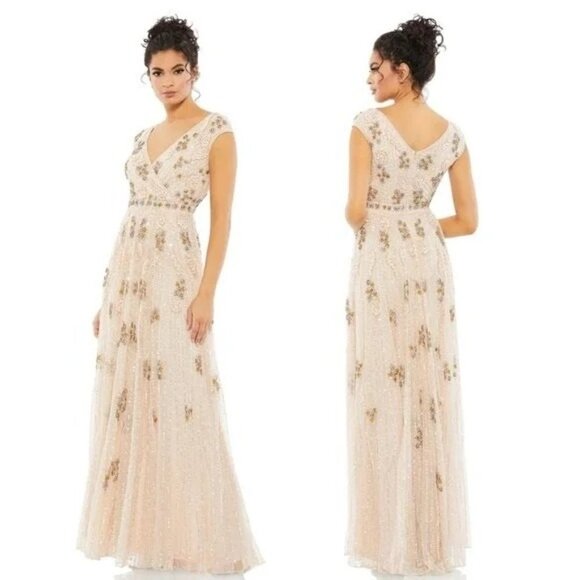 MAC DUGGAL 93575 Embellished Blush Wrap Over Sleeves A Line Gown Dress Size 2